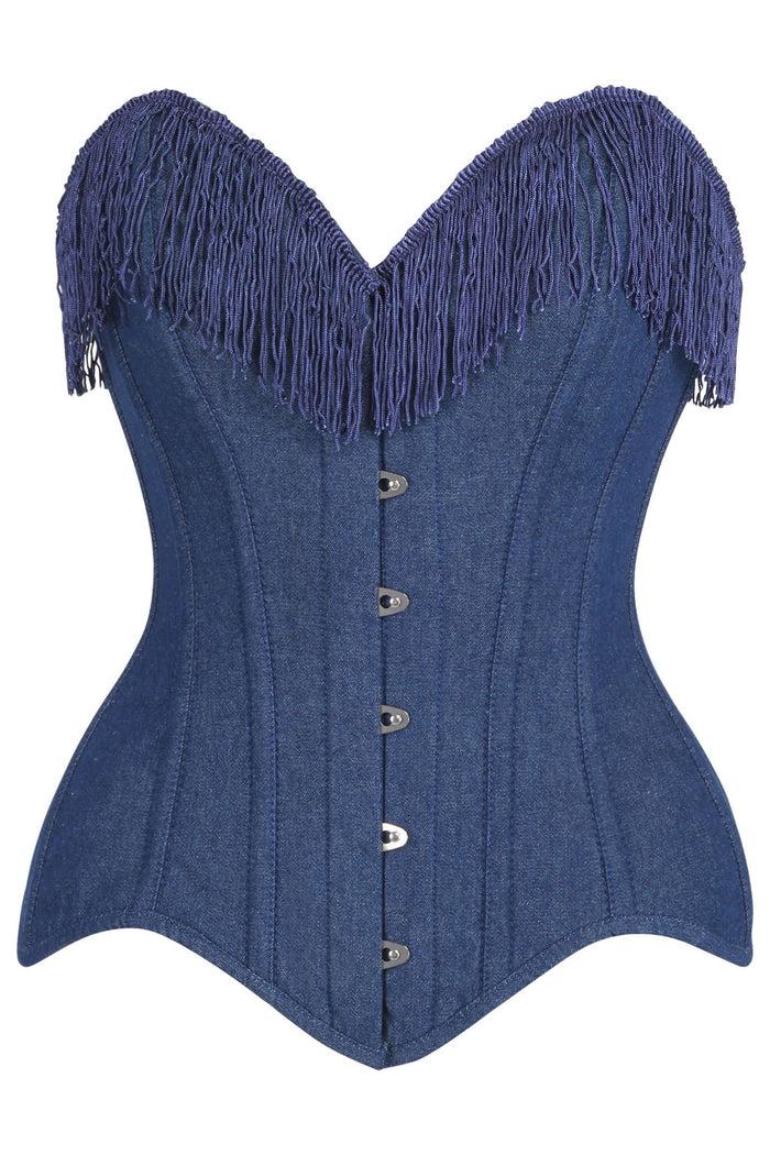 daisy beachwear Top Drawer Dark Blue Denim Steel Boned Overbust Corset w/Fringe