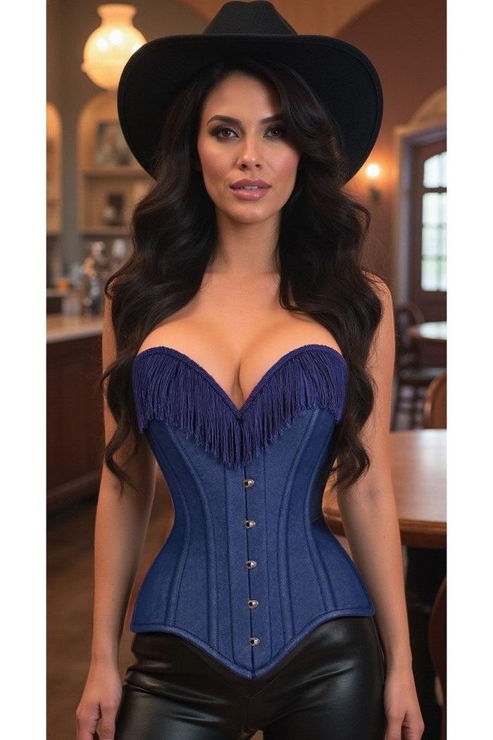 Daisy Beachwear Top Drawer Dark Blue Denim Steel Boned Overbust Corset W/Fringe