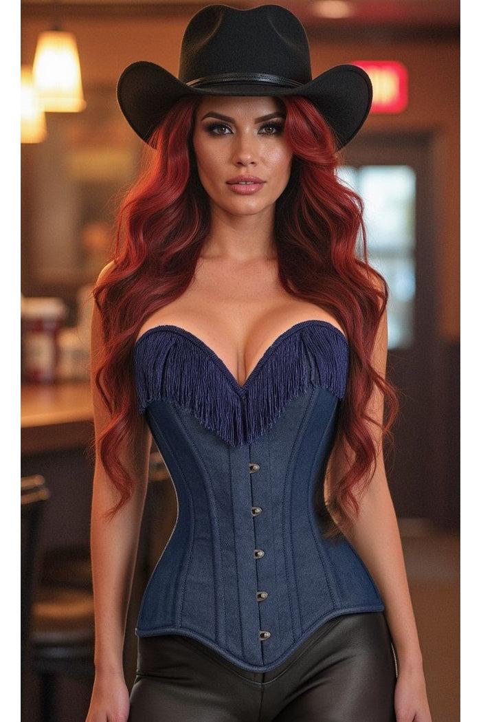 daisy beachwear Top Drawer Dark Blue Denim Steel Boned Overbust Corset w/Fringe