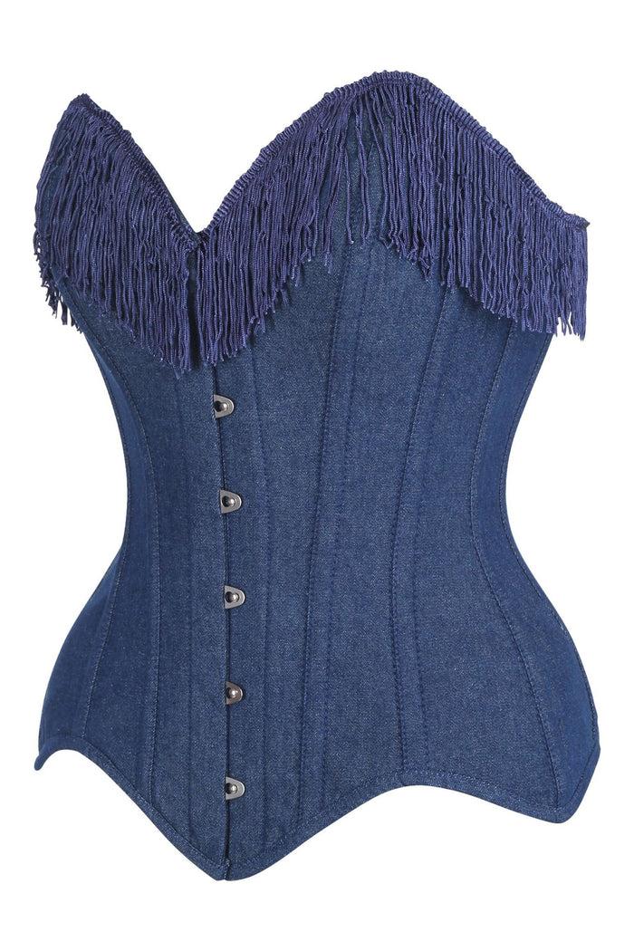 Daisy Beachwear Top Drawer Dark Blue Denim Steel Boned Overbust Corset W/Fringe