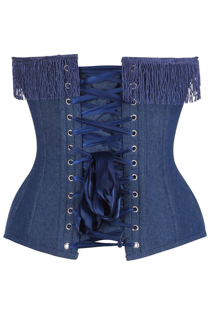 Daisy Beachwear Top Drawer Dark Blue Denim Steel Boned Overbust Corset W/Fringe