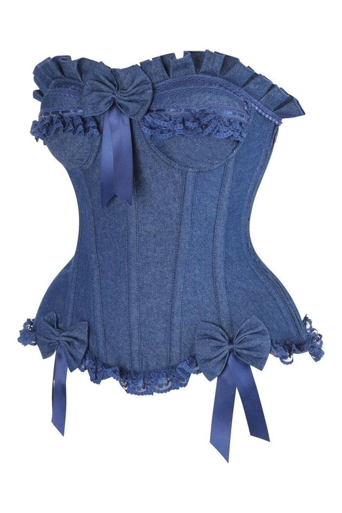 Daisy Beachwear Top Drawer Dark Blue Denim Underwire Steel Boned Burlesque Corset W/Bows