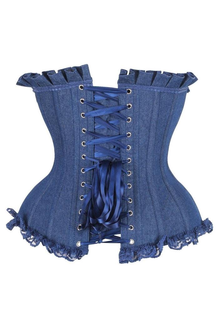 Daisy Beachwear Top Drawer Dark Blue Denim Underwire Steel Boned Burlesque Corset W/Bows