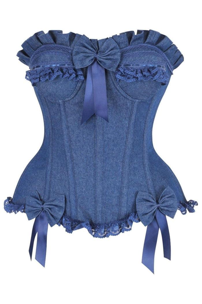 daisy beachwear Top Drawer Dark Blue Denim Underwire Steel Boned Burlesque Corset w/Bows