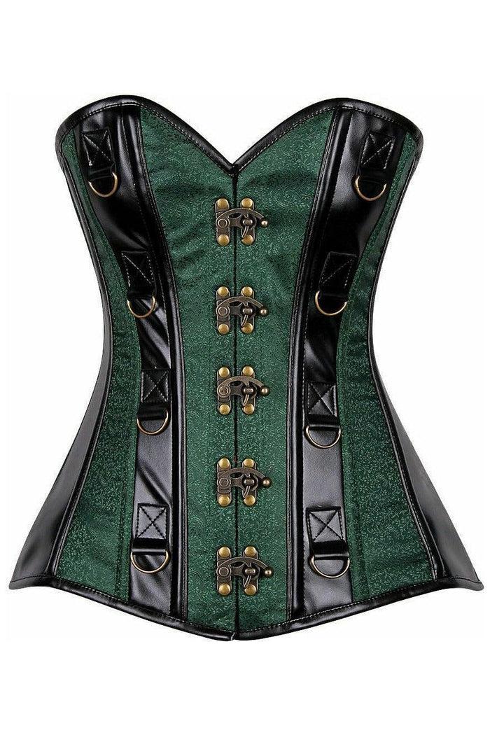 daisy beachwear Top Drawer Dark Green Brocade & Faux Leather Steel Boned Corset