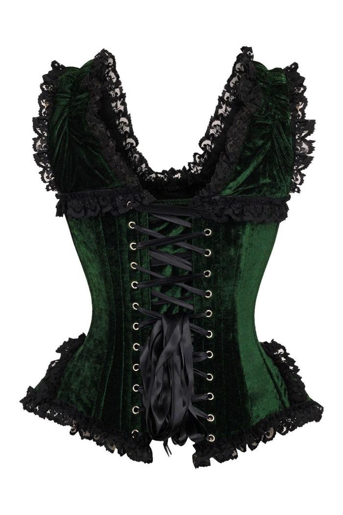 Daisy Beachwear Top Drawer Dark Green Velvet & Lace Steel Boned Corset W/Cap Sleeves