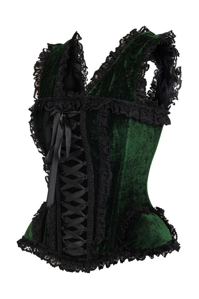 Daisy Beachwear Top Drawer Dark Green Velvet & Lace Steel Boned Corset W/Cap Sleeves