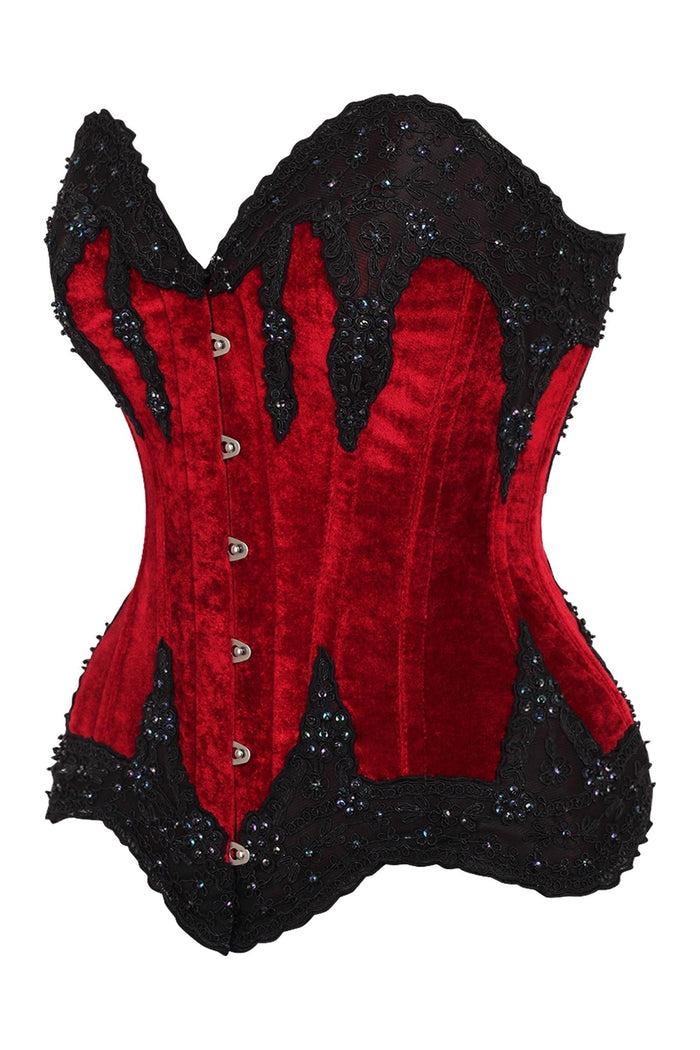 Daisy Beachwear Top Drawer Dark Red Velvet & Beaded Steel Boned Overbust Corset