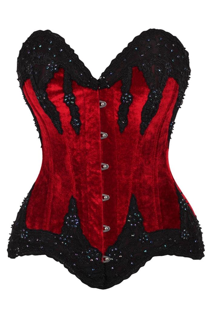 daisy beachwear Top Drawer Dark Red Velvet & Beaded Steel Boned Overbust Corset