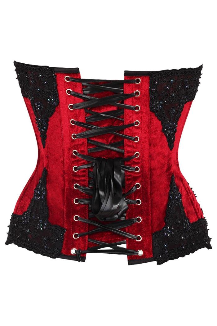 Daisy Beachwear Top Drawer Dark Red Velvet & Beaded Steel Boned Overbust Corset