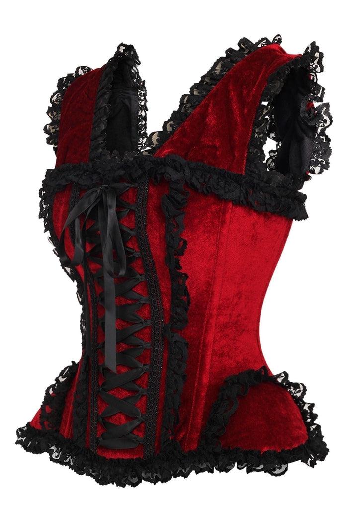 Daisy Beachwear Top Drawer Dark Red Velvet & Lace Steel Boned Corset W/Cap Sleeves