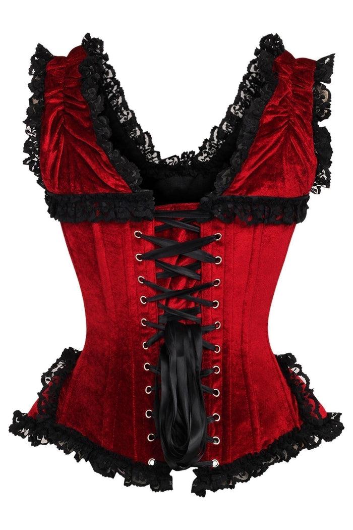 Daisy Beachwear Top Drawer Dark Red Velvet & Lace Steel Boned Corset W/Cap Sleeves