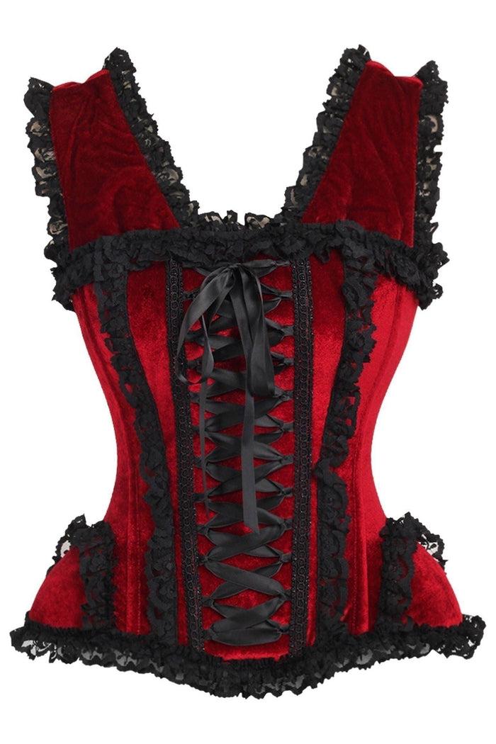 daisy beachwear Top Drawer Dark Red Velvet & Lace Steel Boned Corset w/Cap Sleeves