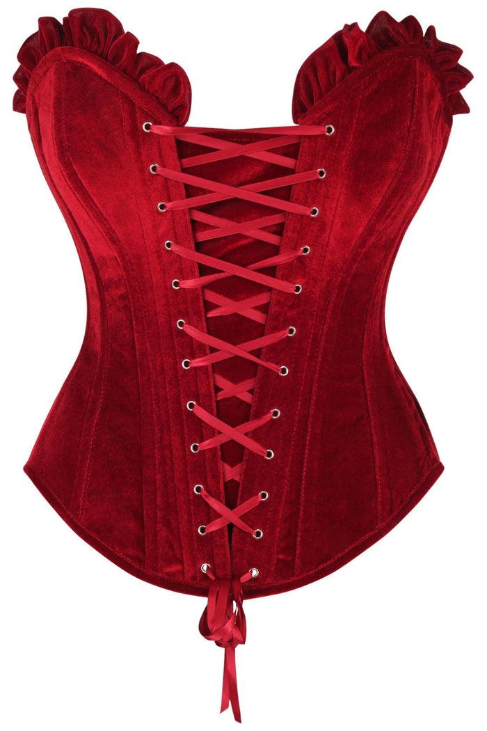 daisy beachwear Top Drawer Dark Red Velvet Lace-Up Steel Boned Overbust Corset