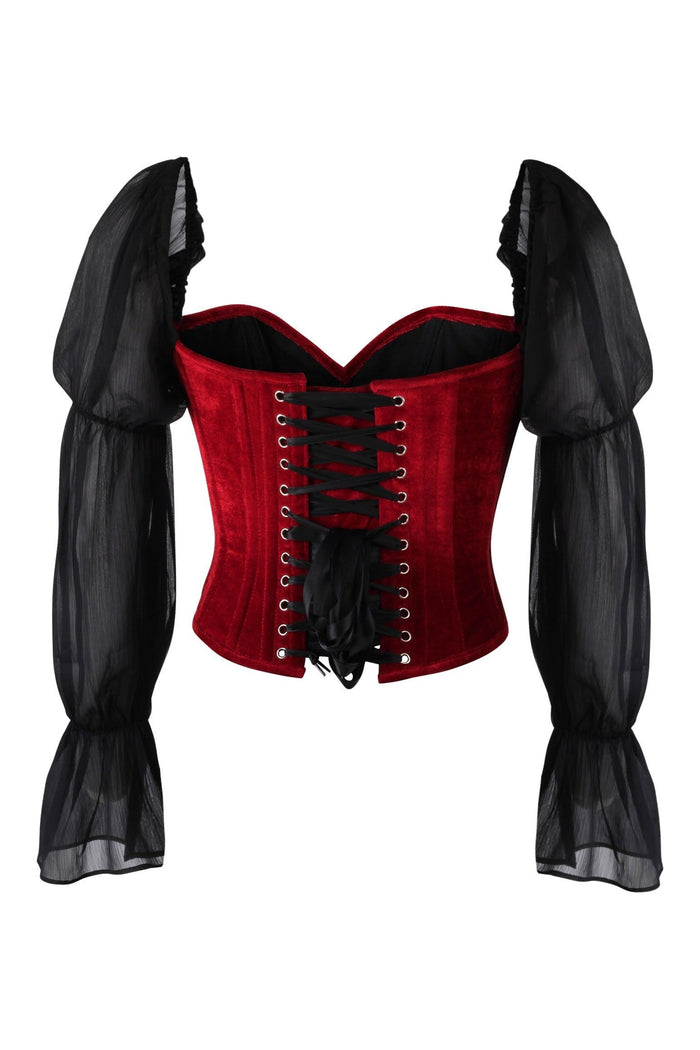 Daisy Beachwear Top Drawer Dark Red Velvet Leather Steel Boned Corset W/Sleeves