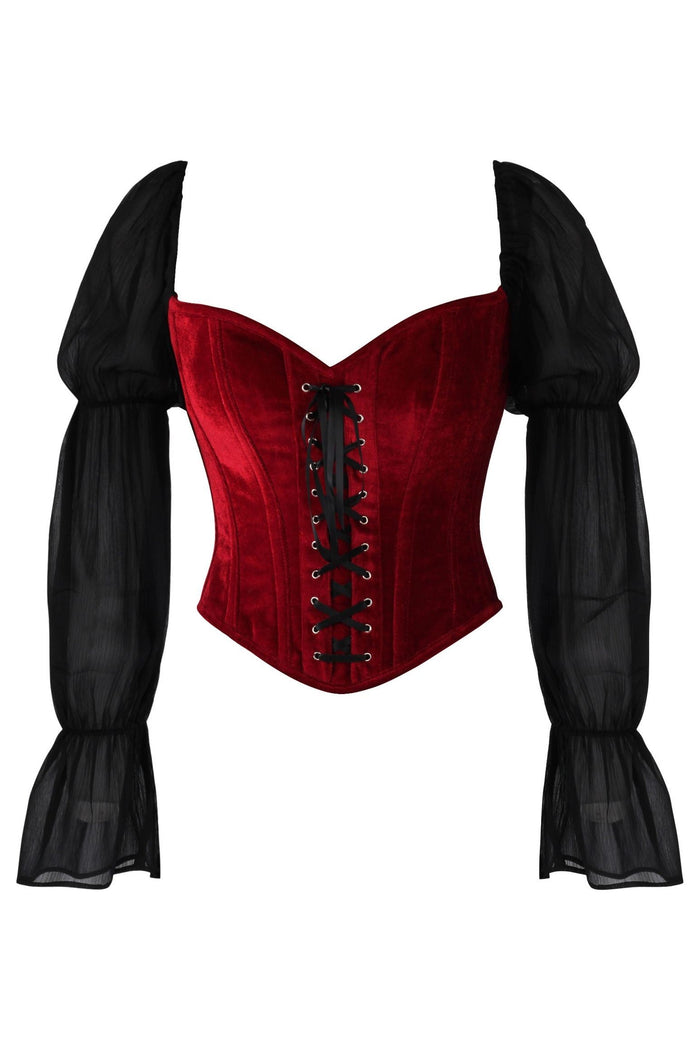 daisy beachwear Top Drawer Dark Red Velvet Leather Steel Boned Corset w/Sleeves