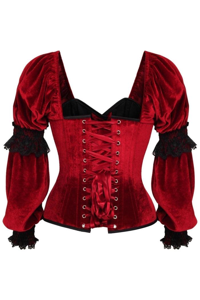 Daisy Beachwear Top Drawer Dark Red Velvet Steel Boned Long Sleeve Corset