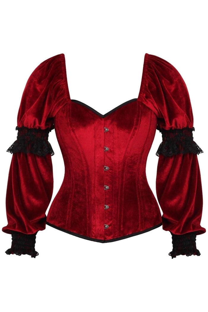 daisy beachwear Top Drawer Dark Red Velvet Steel Boned Long Sleeve Corset
