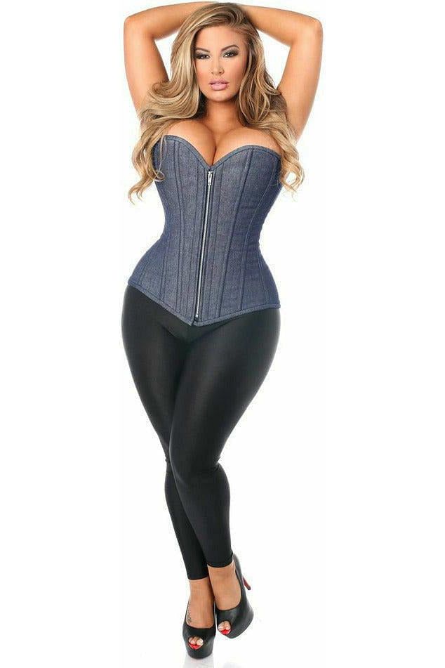 Daisy Beachwear Top Drawer Denim Blue Steel Boned Overbust Corset W/Zipper