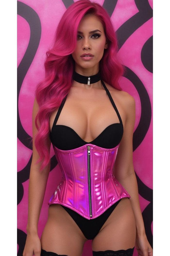 daisy beachwear Top Drawer Fuchsia Holo Double Steel Boned Underbust Waist Cincher Corset