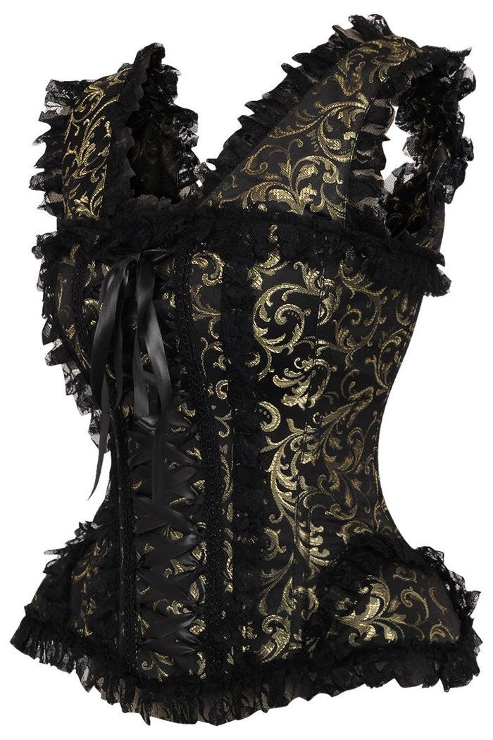 Daisy Beachwear Top Drawer Gold/Black Swirl Brocade & Lace Steel Boned Corset W/Cap Sleeves