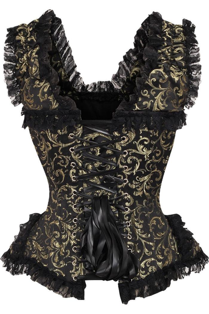Daisy Beachwear Top Drawer Gold/Black Swirl Brocade & Lace Steel Boned Corset W/Cap Sleeves