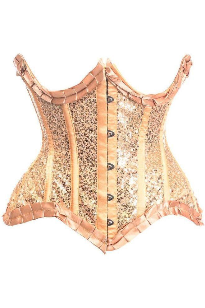 daisy beachwear Top Drawer Gold Satin & Sequin Underwire Curvy Cut Steel Boned Waist Cincher Corset