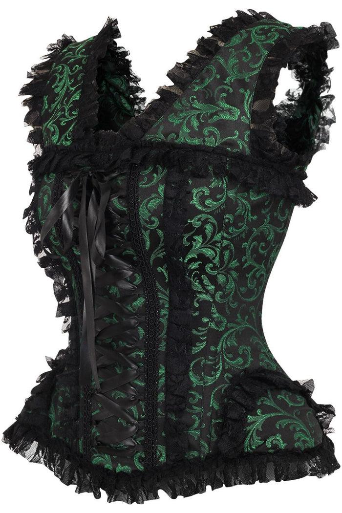 Daisy Beachwear Top Drawer Green/Black Swirl Brocade & Lace Steel Boned Corset W/Cap Sleeves