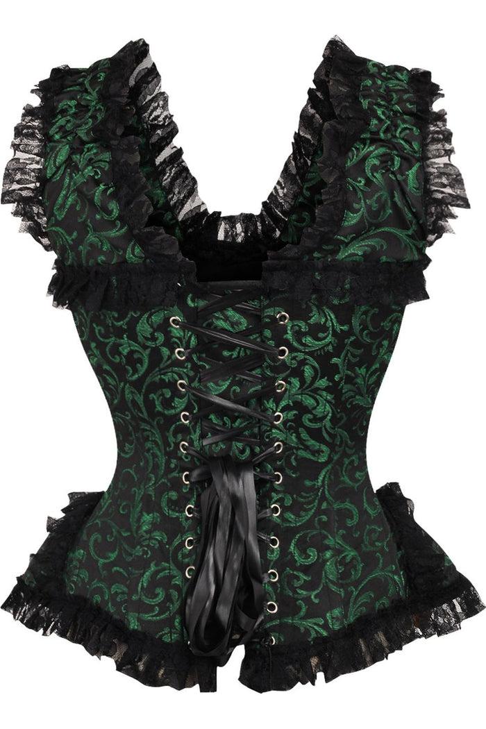 Daisy Beachwear Top Drawer Green/Black Swirl Brocade & Lace Steel Boned Corset W/Cap Sleeves