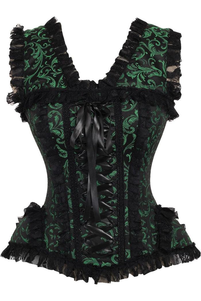 daisy beachwear Top Drawer Green/Black Swirl Brocade & Lace Steel Boned Corset w/Cap Sleeves