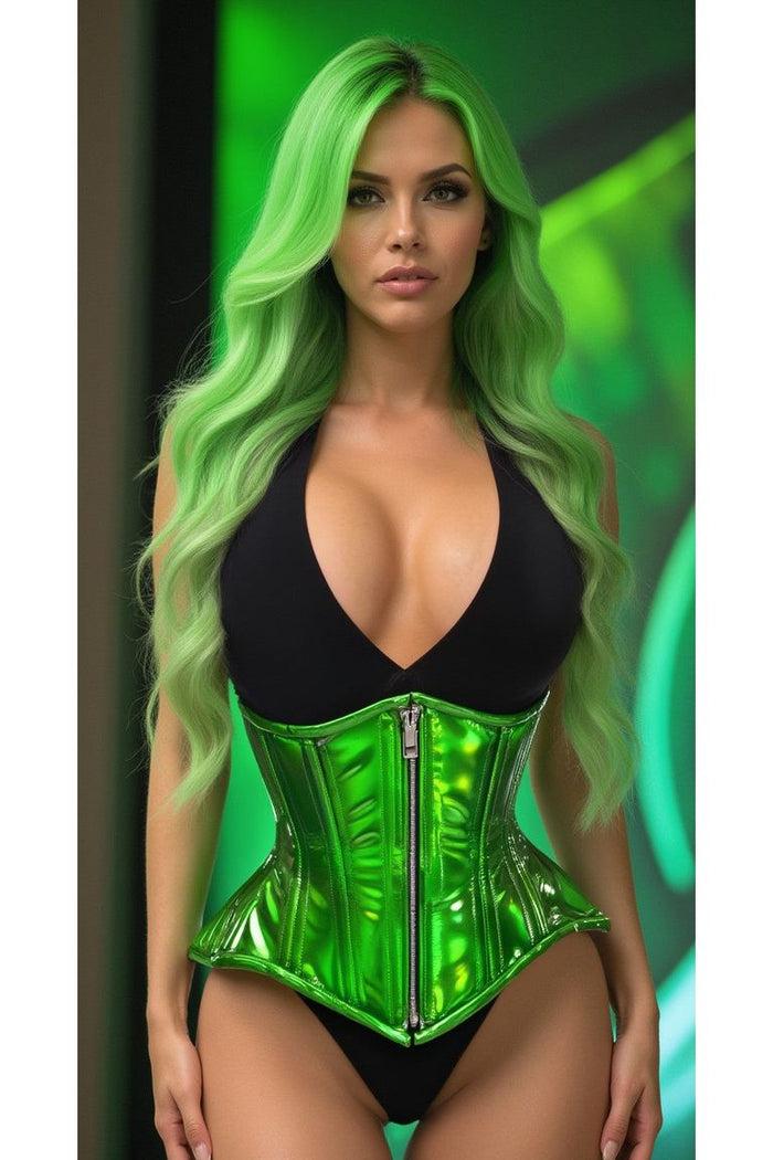 daisy beachwear Top Drawer Green Holo Double Steel Boned Underbust Waist Cincher Corset