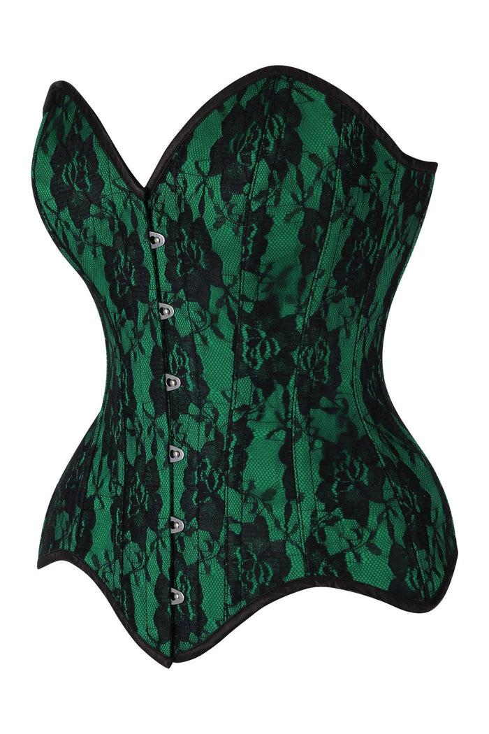 Daisy Beachwear Top Drawer Green Satin W/Black Lace Overlay Steel Boned Overbust Corset