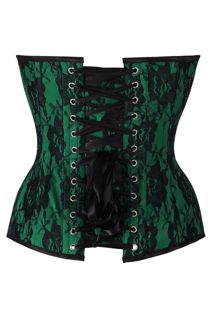 Daisy Beachwear Top Drawer Green Satin W/Black Lace Overlay Steel Boned Overbust Corset
