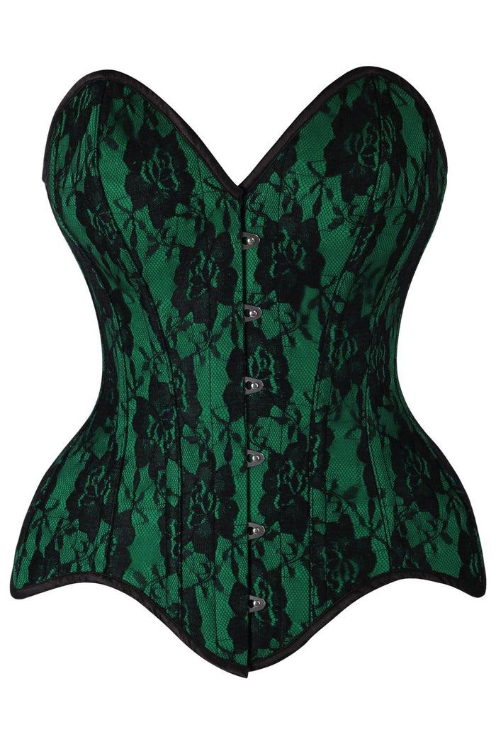 daisy beachwear Top Drawer Green Satin w/Black Lace Overlay Steel Boned Overbust Corset
