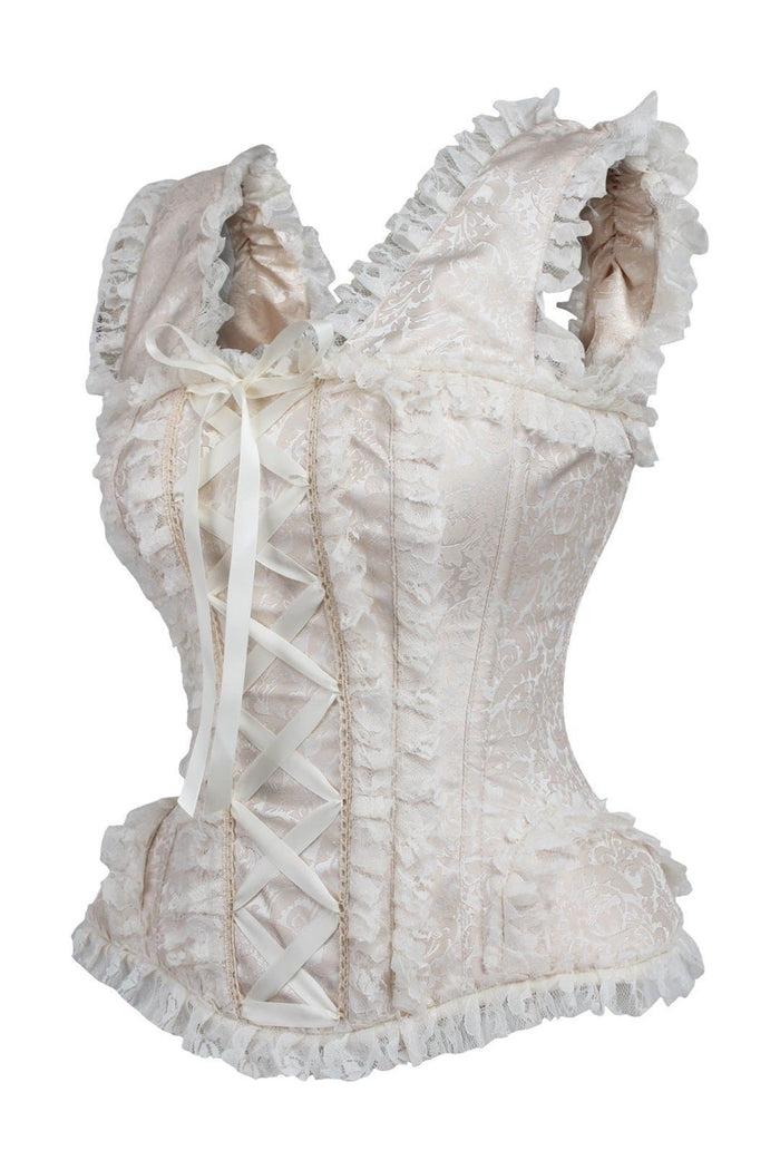 Daisy Beachwear Top Drawer Ivory Brocade & Lace Steel Boned Corset W/Cap Sleeves
