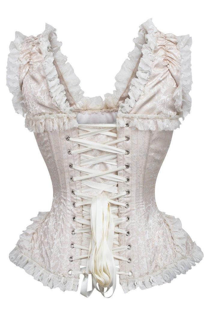 Daisy Beachwear Top Drawer Ivory Brocade & Lace Steel Boned Corset W/Cap Sleeves