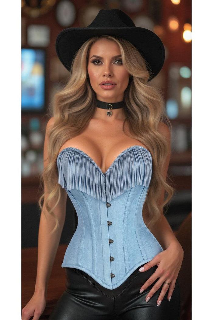 Daisy Beachwear Top Drawer Light Blue Denim Steel Boned Overbust Corset W/Fringe