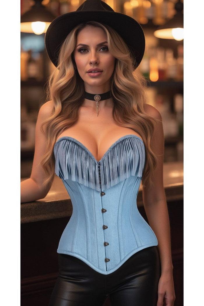 Daisy Beachwear Top Drawer Light Blue Denim Steel Boned Overbust Corset W/Fringe