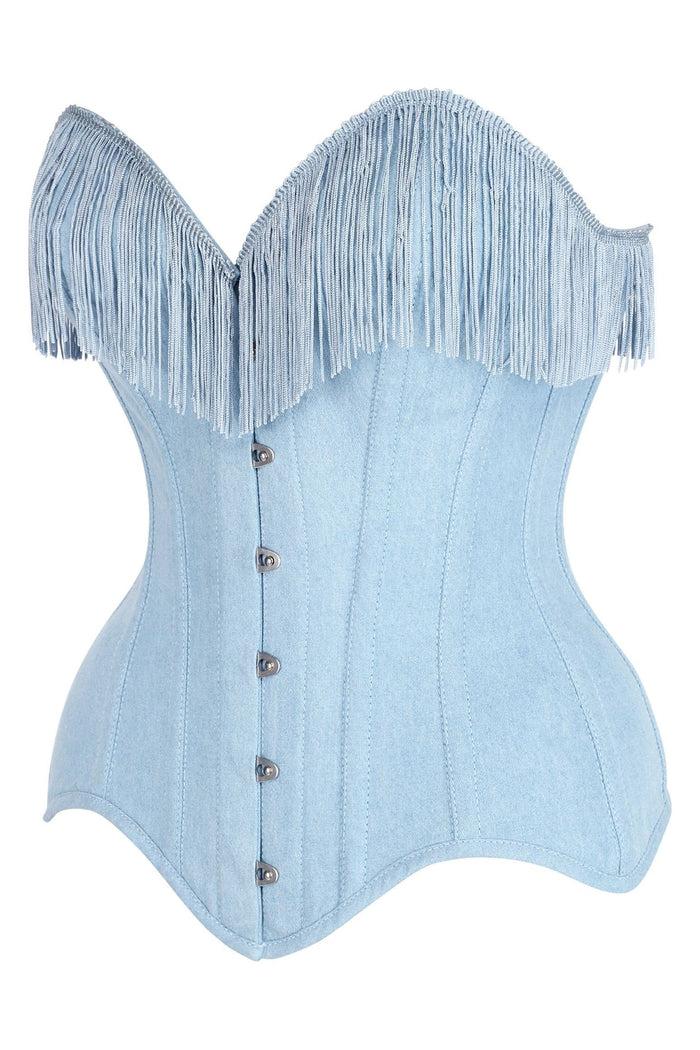 Daisy Beachwear Top Drawer Light Blue Denim Steel Boned Overbust Corset W/Fringe