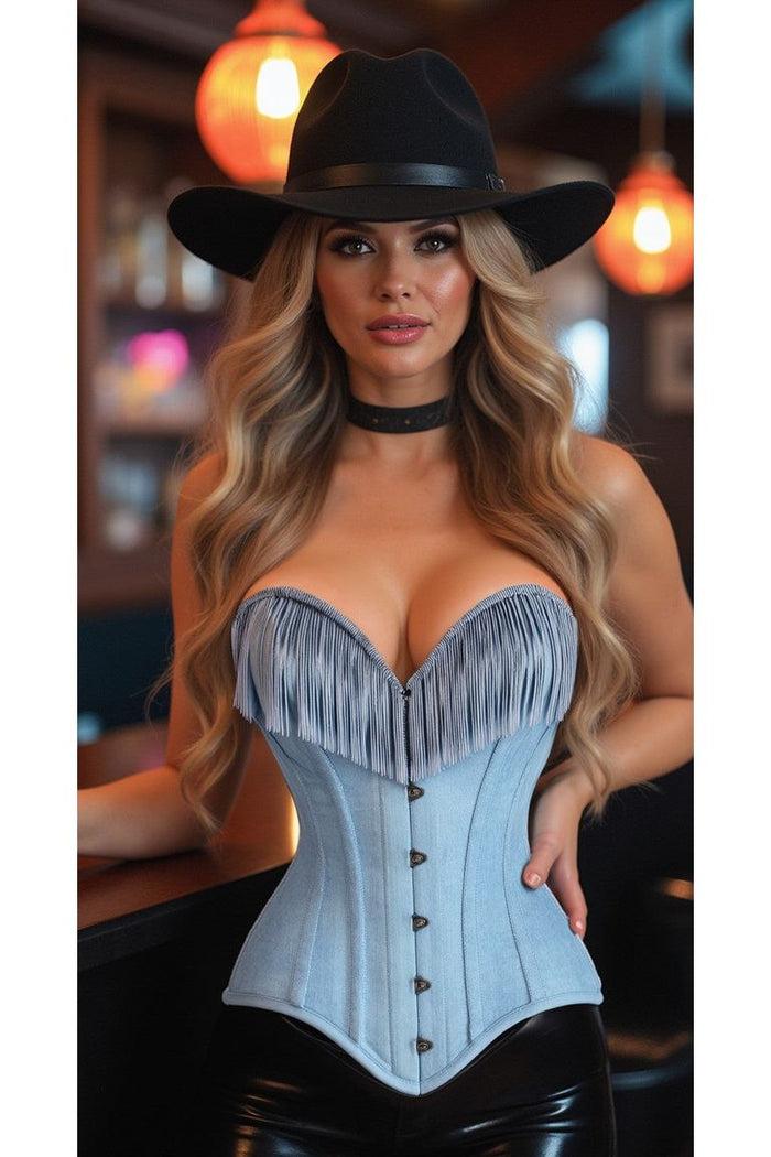 daisy beachwear Top Drawer Light Blue Denim Steel Boned Overbust Corset w/Fringe