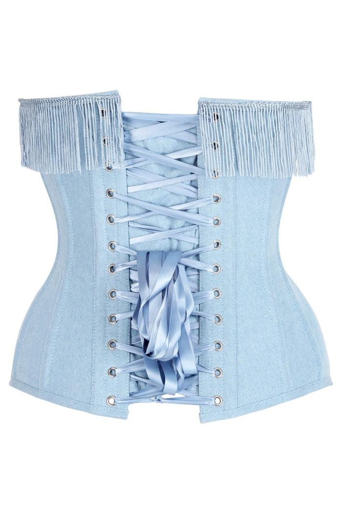 Daisy Beachwear Top Drawer Light Blue Denim Steel Boned Overbust Corset W/Fringe