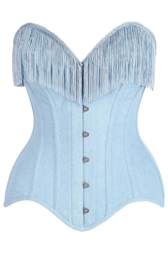 daisy beachwear Top Drawer Light Blue Denim Steel Boned Overbust Corset w/Fringe