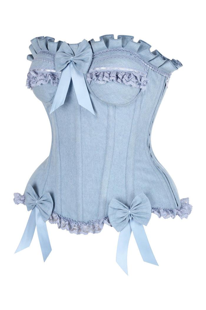 Daisy Beachwear Top Drawer Light Blue Denim Underwire Steel Boned Burlesque Corset W/Bows