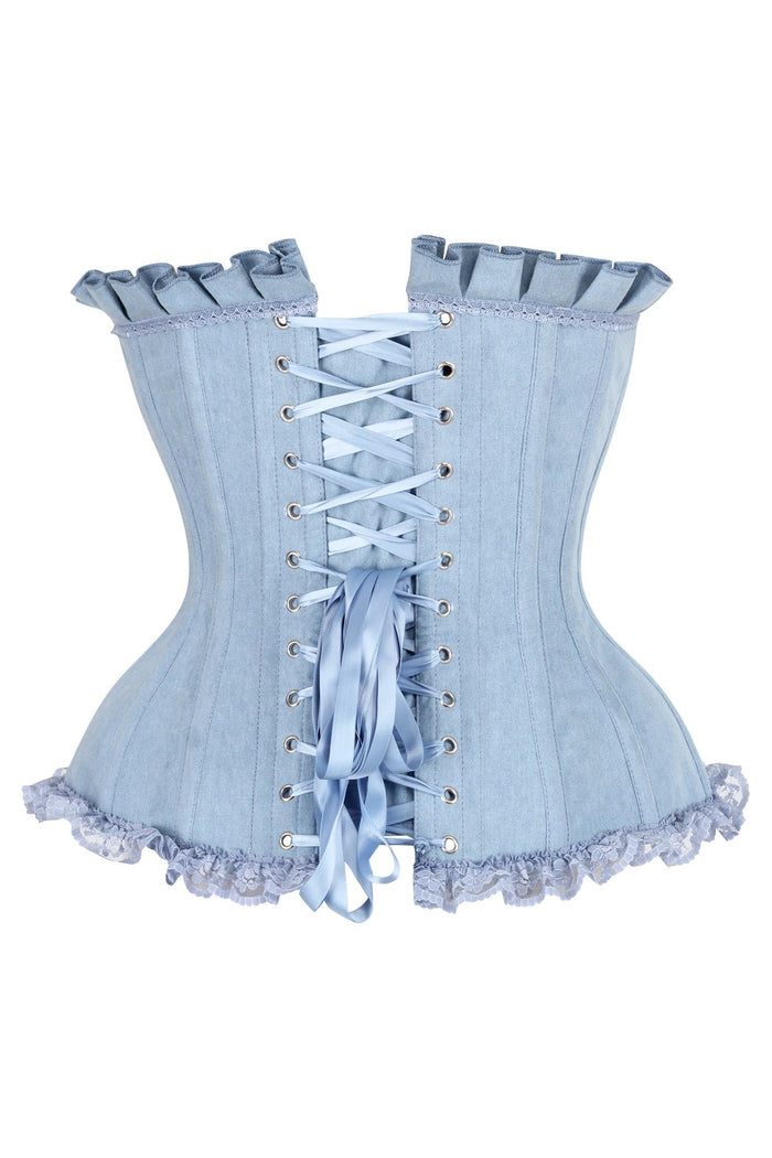 Daisy Beachwear Top Drawer Light Blue Denim Underwire Steel Boned Burlesque Corset W/Bows
