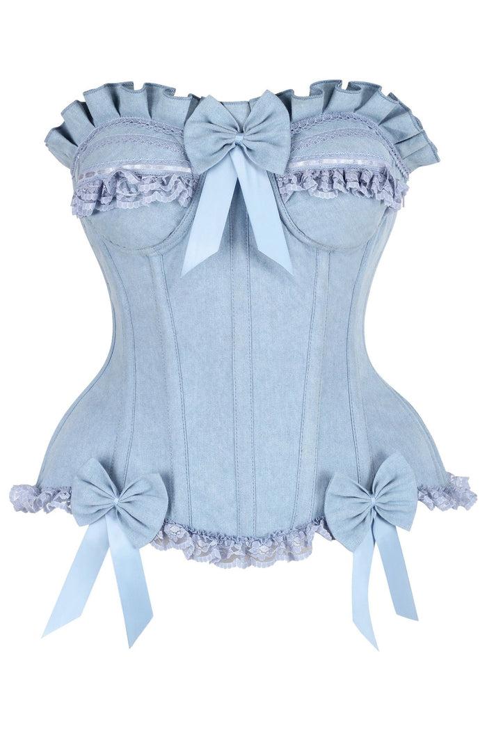 daisy beachwear Top Drawer Light Blue Denim Underwire Steel Boned Burlesque Corset w/Bows