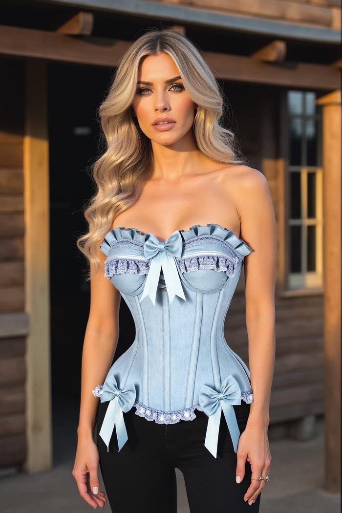 Daisy Beachwear Top Drawer Light Blue Denim Underwire Steel Boned Burlesque Corset W/Bows