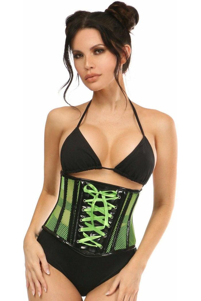 daisy beachwear Top Drawer Neon Green Patent & Fishnet Underbust Corset