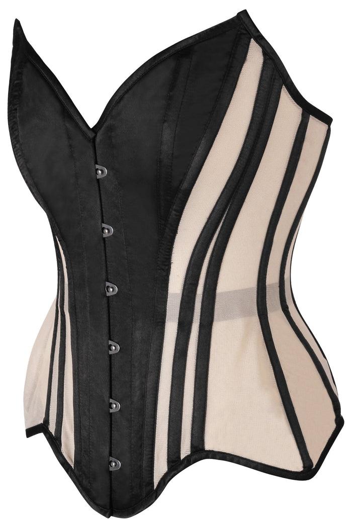 Daisy Beachwear Top Drawer Nude Mesh & Black Satin Steel Boned Overbust Corset