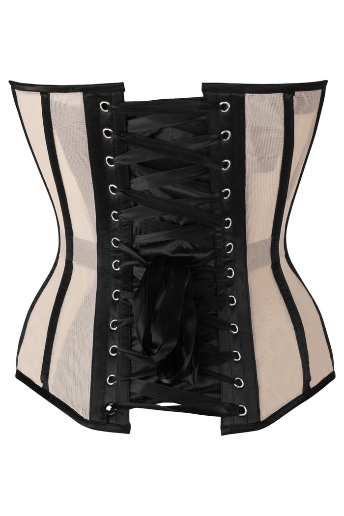 Daisy Beachwear Top Drawer Nude Mesh & Black Satin Steel Boned Overbust Corset
