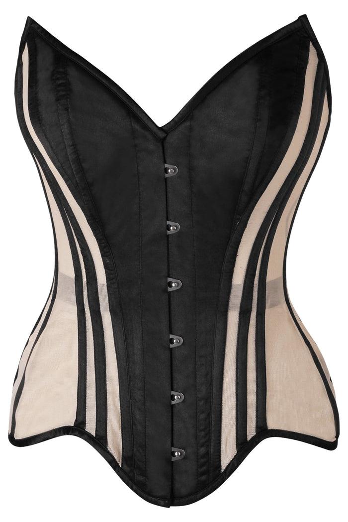 daisy beachwear Top Drawer Nude Mesh & Black Satin Steel Boned Overbust Corset